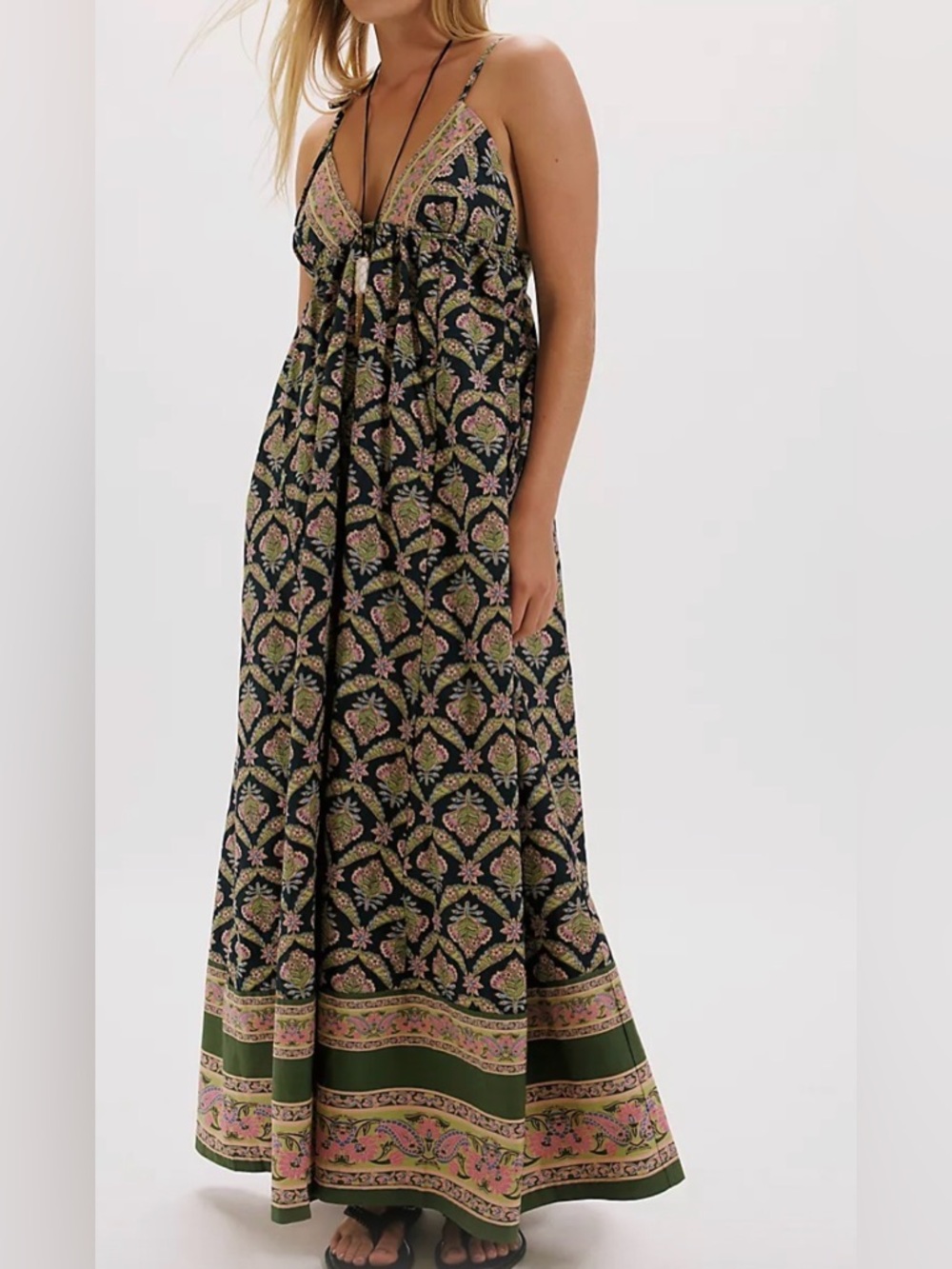 Free People Black Floral Print Maxi Dress with Pink & Green Accents